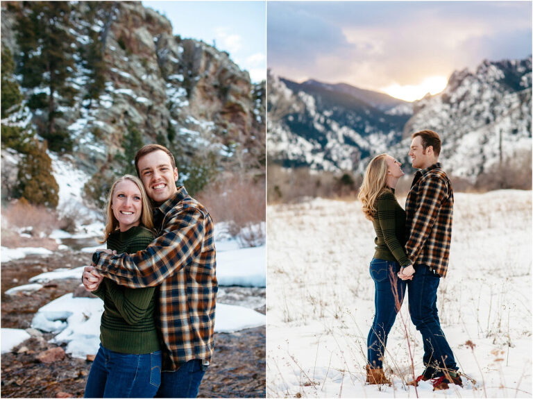 Couple in cozy flannel embrace in mountain setting
