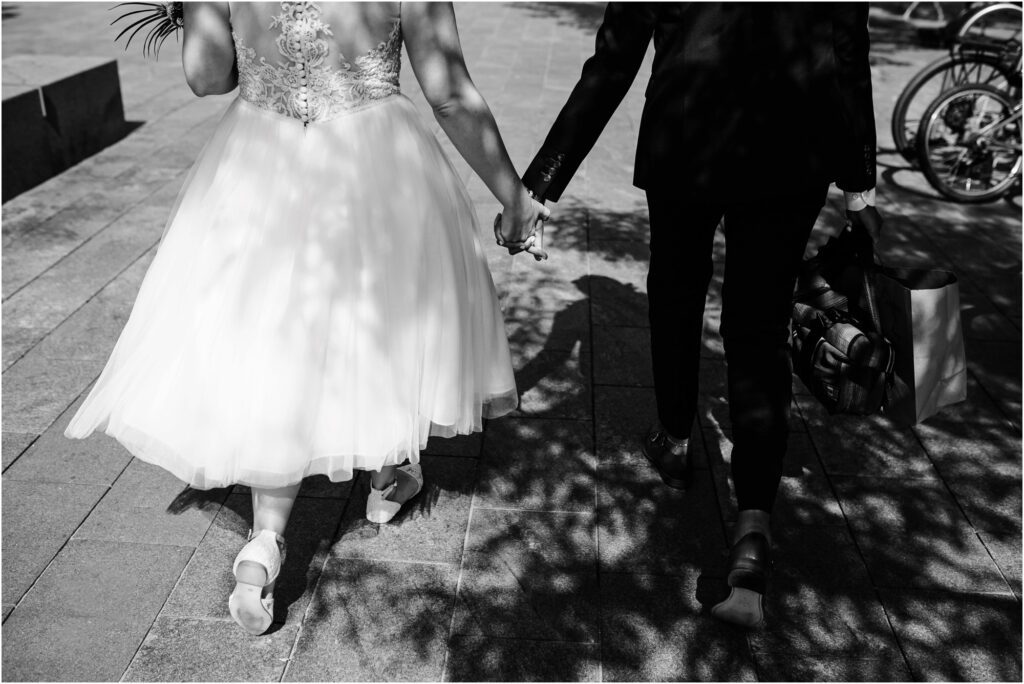 Brides walking down street