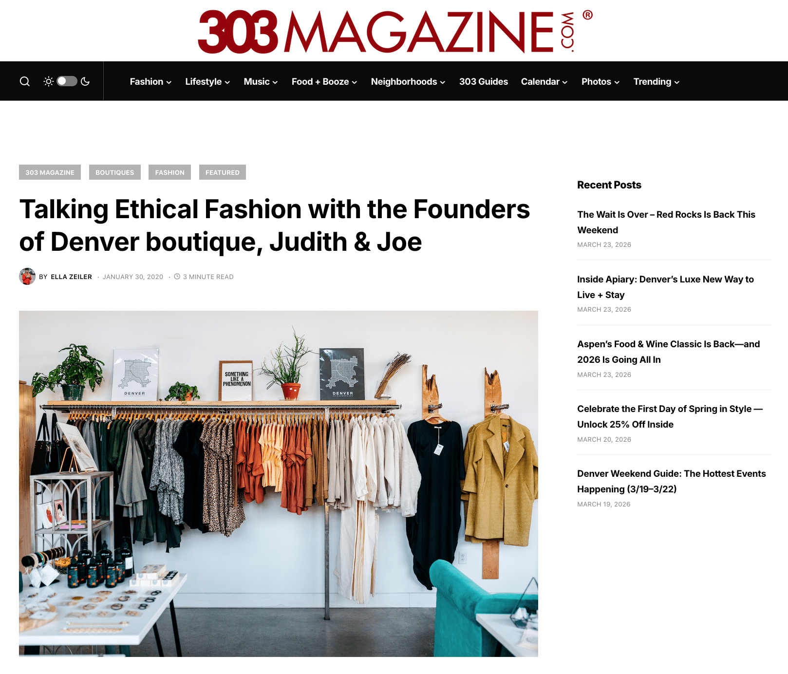 Screenshot of branding photos in 303 Magazine for local boutique
