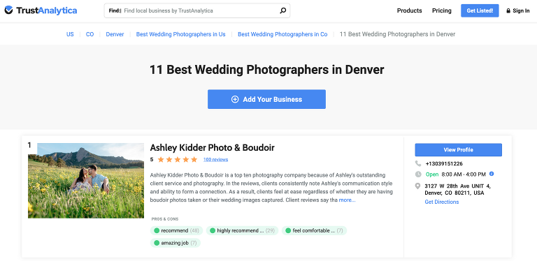 Screenshot of award for Best Denver wedding photographers