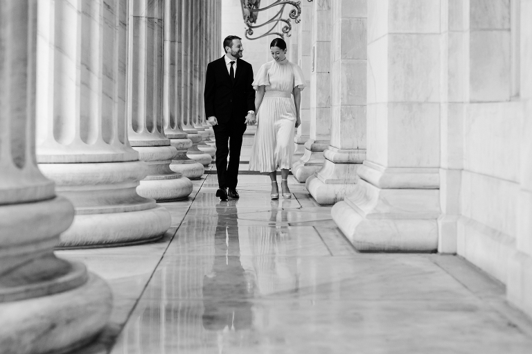 Black and white photo of couple eloping at Denver courthouse