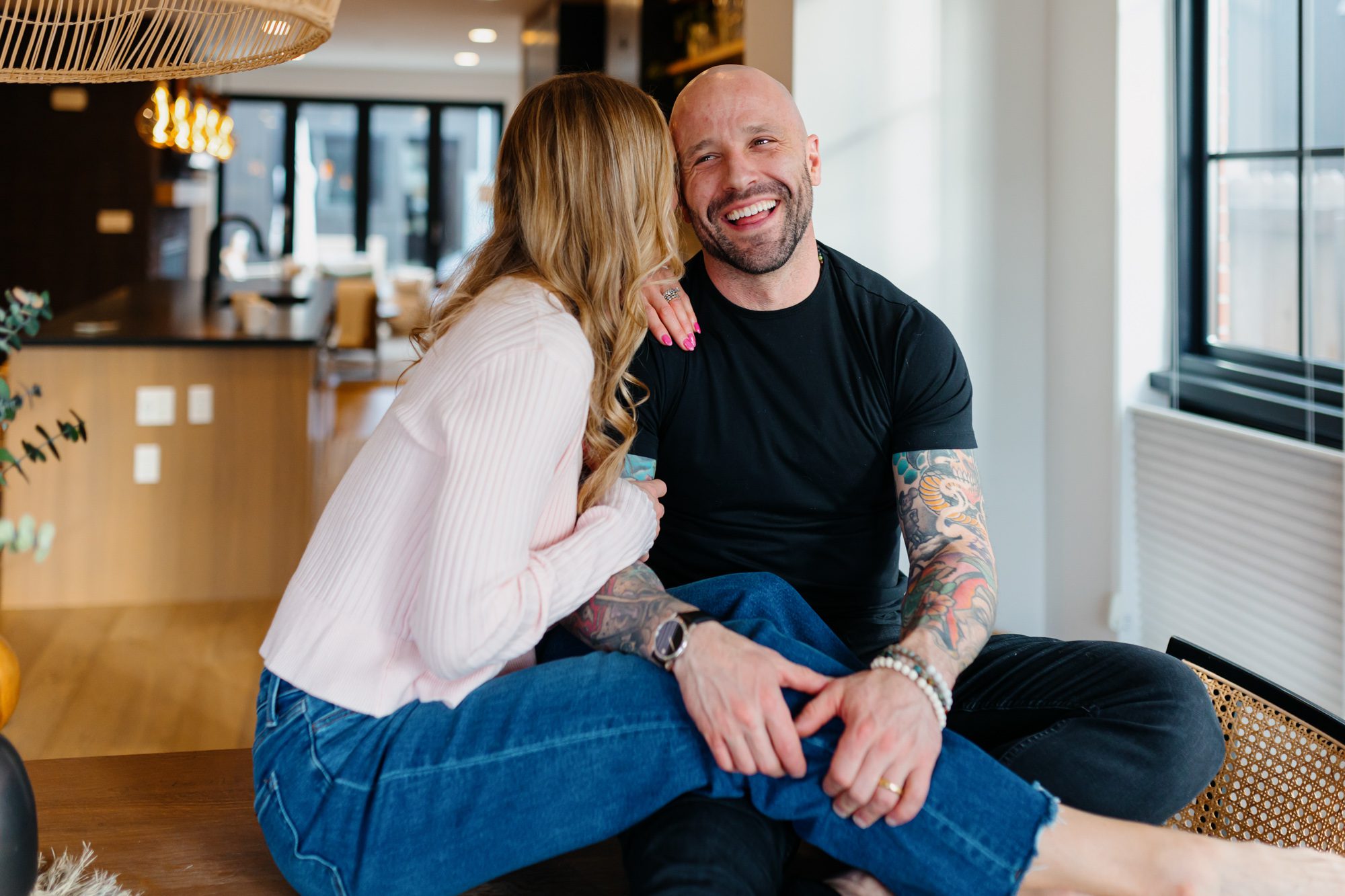 Denver couples photos at home, couple posing inside their home for a portrait session